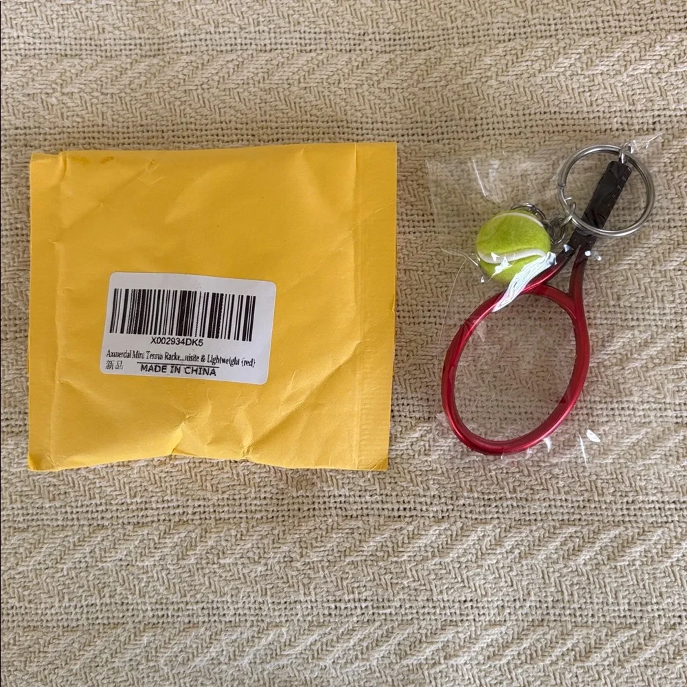 NWT Red Tennis Racket Keychain with Mini Tennis Ball still in packaging